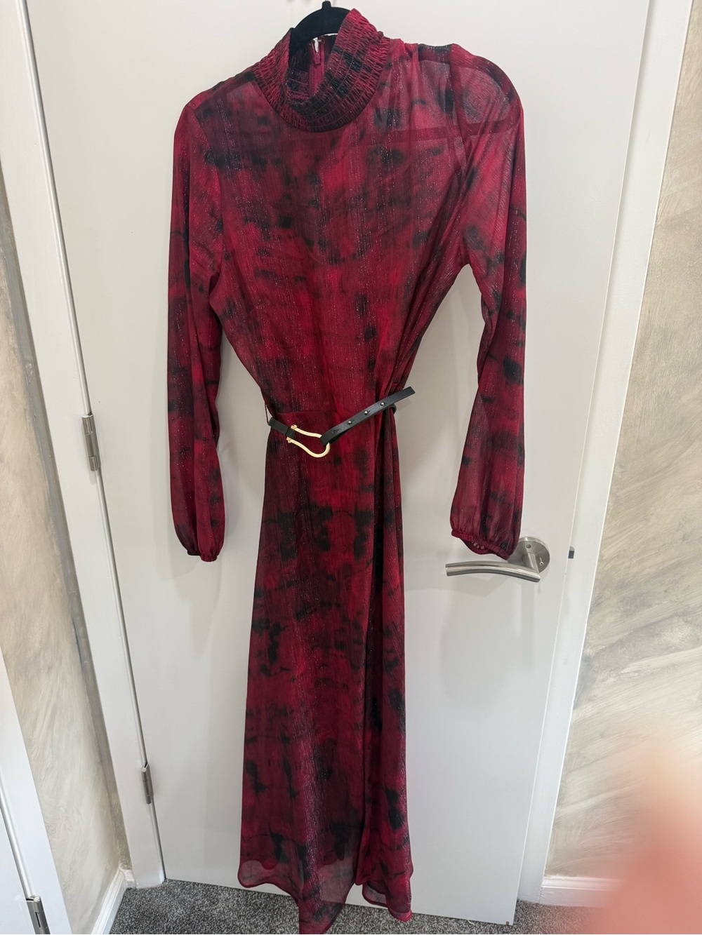 Halston Heritage Red and Black Patterned Long-Sleeve Maxi Dress